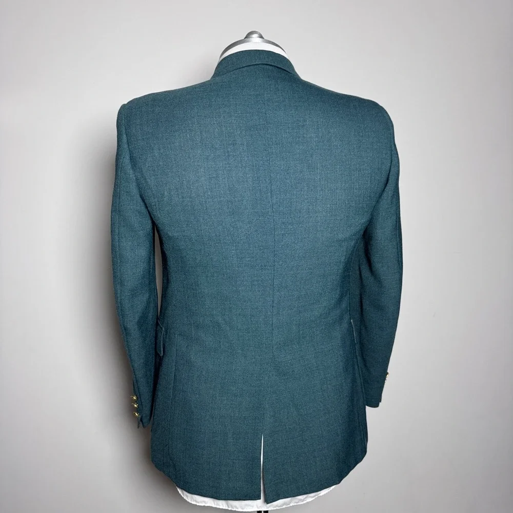 Stafford Blazer Mens 43R Teal Solid‎ Gold Crest Button Single Vent Sport Coat